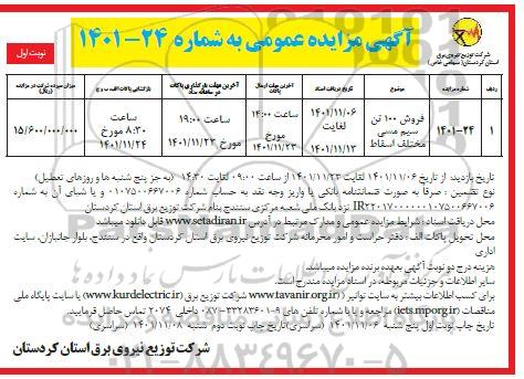 مزایده فروش 100 تن سیم مسی مختلف اسقاط 