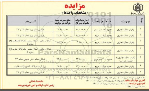مزایده یکباب مغازه تجاری