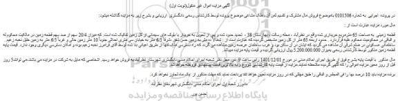 مزایده میزان 20/4 سهم از صد سهم قطعه زمین 