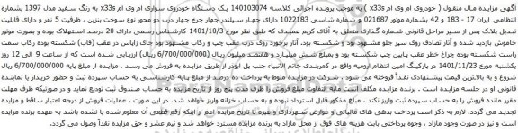 مزایده یک دستگاه خودروی سواری ام وی ام x33s