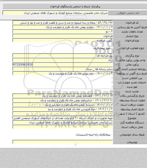 مناقصه, تهیه تجهیزات و اجرای شبکه ۲۰ کیلو ولت تعدادی از خیابانهای شهرک صنعتی الغدیر