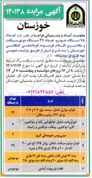مزایده تعداد 75 دستگاه خودرو