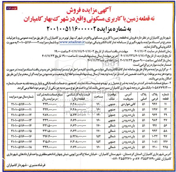 مزایده فروش نه قطعه زمین با کاربری مسکونی- نوبت دوم