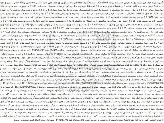 آگهی مزایده ششدانگ یک قطعه آپارتمان مسکونی نوع ملک طلق به پلاک ثبتی 62 فرعی از 829 اصلی ، مفروز و مجزا شده از14 فرعی از اصلی