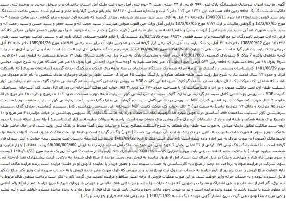 مزایده ششدانگ پلاک ثبتی ٦٩٩ فرعی از ۳۳ اصلی بخش ۳ حوزه ثبتی آمل