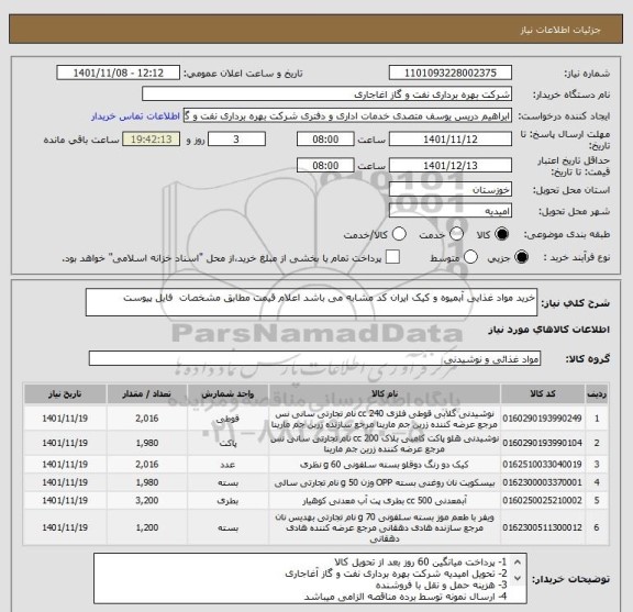 استعلام خرید مواد غذایی آبمیوه و کیک ایران کد مشابه می باشد اعلام قیمت مطابق مشخصات  فایل پیوست