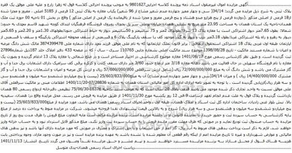 مزایده یکباب مغازه به پلاک ثبتی 12 فرعی از 5185 اصلی 