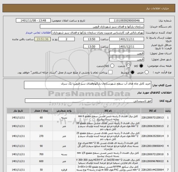 استعلام خرید کابل چاه های آب سطح شهرسازمان پارکهاوفضای سبز قزوین: یک سری
