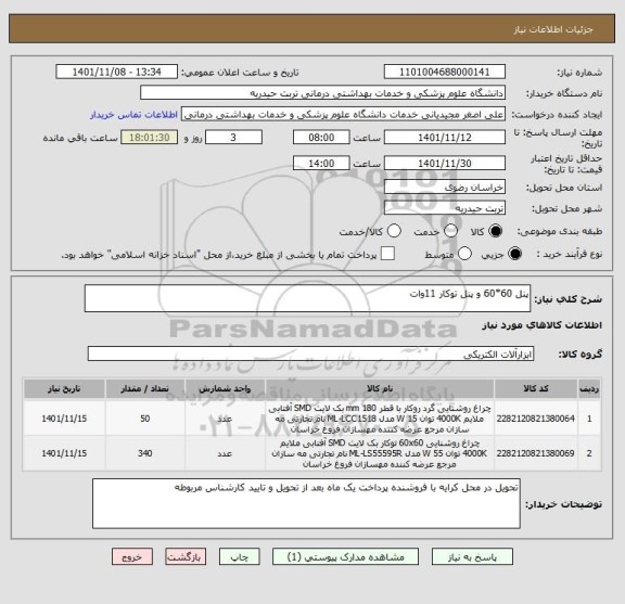 استعلام پنل 60*60 و پنل توکار 11وات