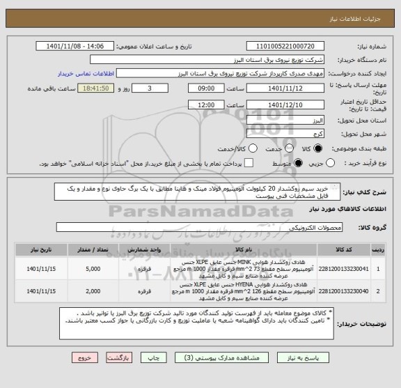 استعلام خرید سیم روکشدار 20 کیلوولت آلومینیوم فولاد مینک و هاینا مطابق با یک برگ حاوی نوع و مقدار و یک فایل مشخصات فنی پیوست 
 از ایران کد مشابه استفاده شده