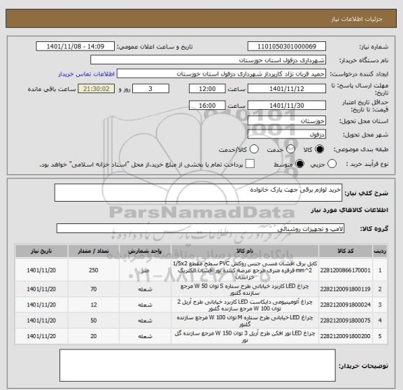 استعلام خرید لوازم برقی جهت پارک خانواده