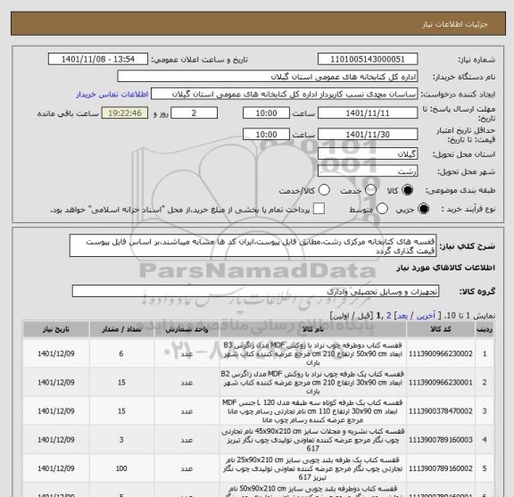 استعلام قفسه های کتابخانه مرکزی رشت،مطابق فایل پیوست،ایران کد ها مشابه میباشند،بر اساس فایل پیوست قیمت گذاری گردد