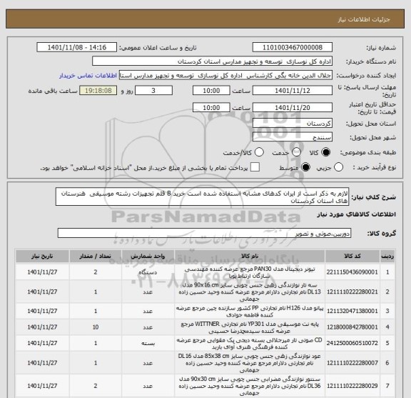استعلام لازم به ذکر است از ایران کدهای مشابه استفاده شده است خرید 8 قلم تجهیزات رشته موسیقی هنرستان های استان کردستان