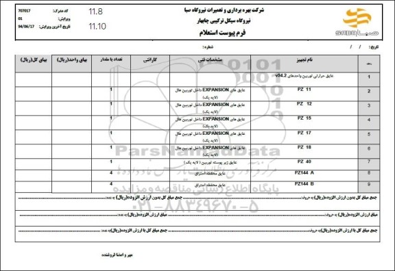 استعلام, استعلام عایق حرارتی توربین واحدهای V94.2