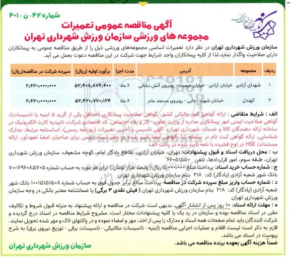  مناقصه تعمیرات مجموعه های ورزشی سازمان ورزش شهرداری
