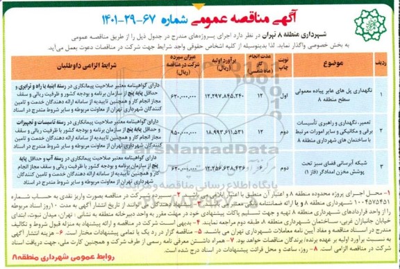 مناقصه نگهداری پل های عابر پیاده معمولی سطح منطقه 8 ...