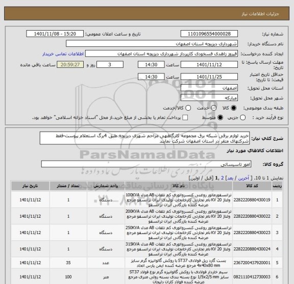 استعلام خرید لوازم برقی شبکه برق مجموعه کارگاههی مزاحم شهری دیزیچه طبق 4برگ استعلام پیوست-فقط شرکتهای متقر در استان اصفهان شرکت نمایند