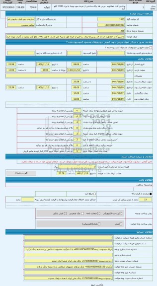 مزایده ، ماشین آلات خط تولید ام دی اف. پرس ها برای ساختن از خرده چوب و پنبه می باشد. به وزن 7040 کیلو گرم. بازدید در گمرک تهران