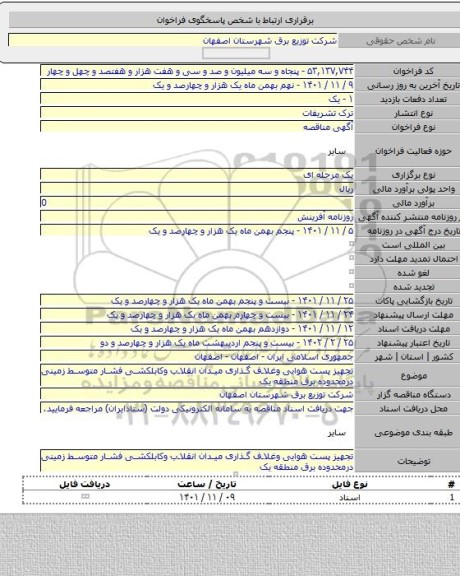 مناقصه, تجهیز پست هوایی وغلاف گذاری میدان انقلاب وکابلکشی فشار متوسط زمینی درمحدوده برق منطقه یک