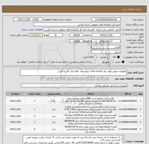 استعلام نجهیزات چوبی مورد نیاز کتابخانه های سروستان -کوه چنار- قیر و کارزین