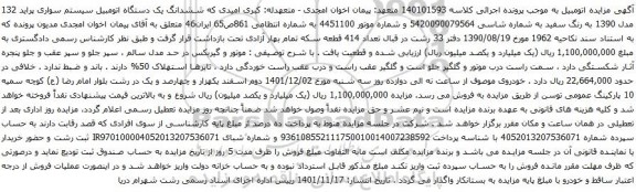 آگهی مزایده ششدانگ یک دستگاه اتومبیل سیستم سواری پراید 132 مدل 1390