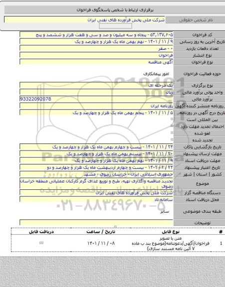 مناقصه, تجدید مناقصه واگذاری تهیه، طبخ و توزیع غذای گرم کارکنان عملیاتی منطقه خراسان رضوی
