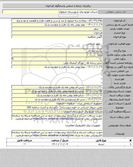 مناقصه, تامین نیروی انسانی در حوزه بروزرسانی ،نگهداری و کنترل سامانه GIS