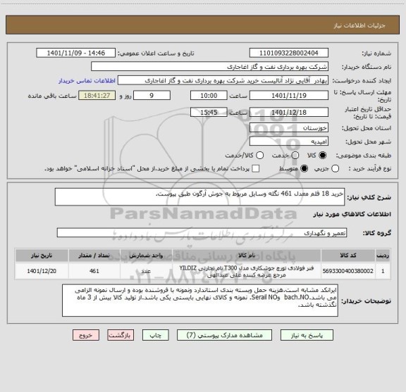 استعلام خرید 18 قلم معدل 461 نگله وسایل مربوط به جوش آرگون طبق پیوست.