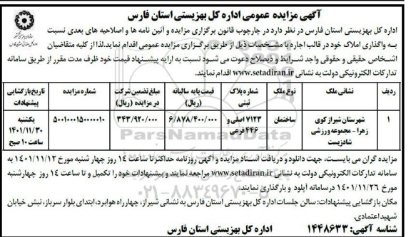 مزایده واگذاری املاک خود در قالب اجاره