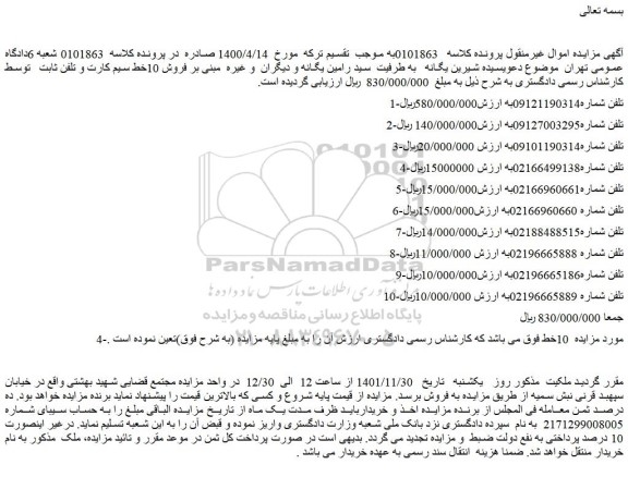 مزایده فروش 10خط سیم کارت و تلفن ثابت