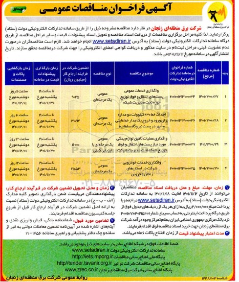 مناقصه واگذاری خدمات عمومی پست های انتقال و فوق توزیع ....