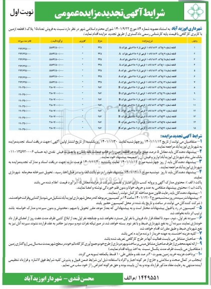 تجدید مزایده فروش تعداد 15 پلاک (قطعه) زمین با کاربری کارگاهی 