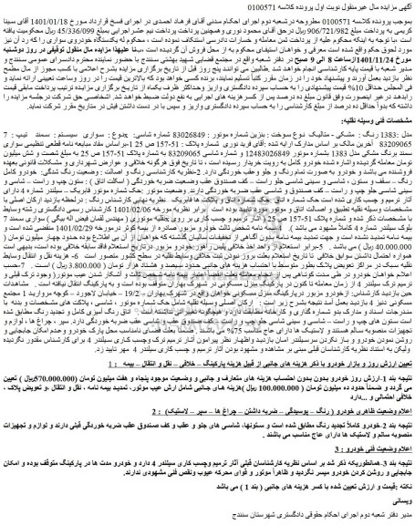 مزایده فروش سواری سیستم : سمند تیپ : 7x مدل :1383 رنگ : مشکی - متالیک
