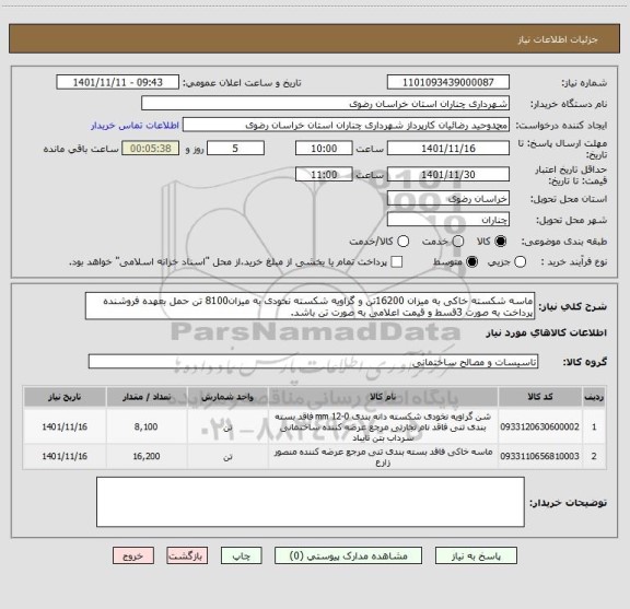استعلام ماسه شکسته خاکی به میزان 16200تن و گراویه شکسته نخودی به میزان8100 تن حمل بعهده فروشنده پرداخت به صورت 3قسط و قیمت اعلامی به صورت تن باشد.