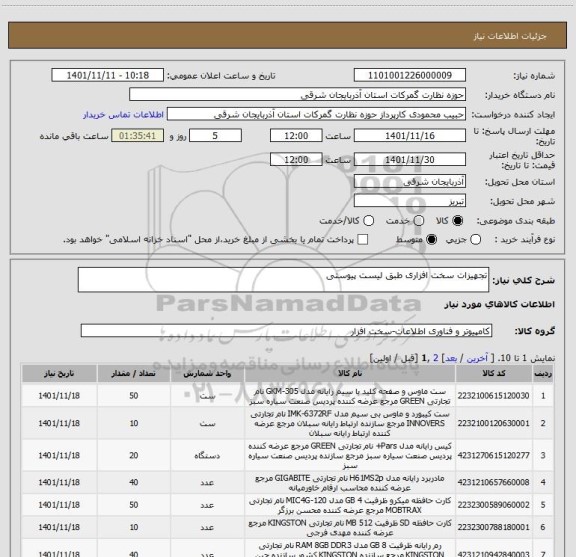 استعلام تجهیزات سخت افزاری طبق لیست پیوستی