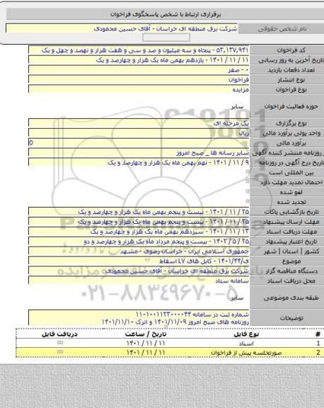 مزایده, ی/۱۴۰۱/۴۴ - کابل های LV اسقاط