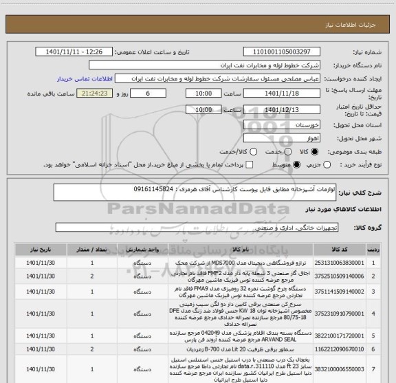 استعلام لوازمات آشپزخانه مطابق فایل پیوست کارشناس آقای هرمزی : 09161145824