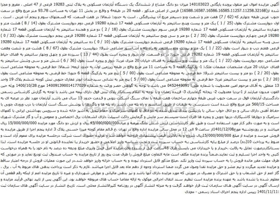 آگهی مزایده میزان دو دانگ مشاع از ششدانگ یک دستگاه آپارتمان مسکونی به پلاک ثبتی 19283 فرعی از 47 اصلی