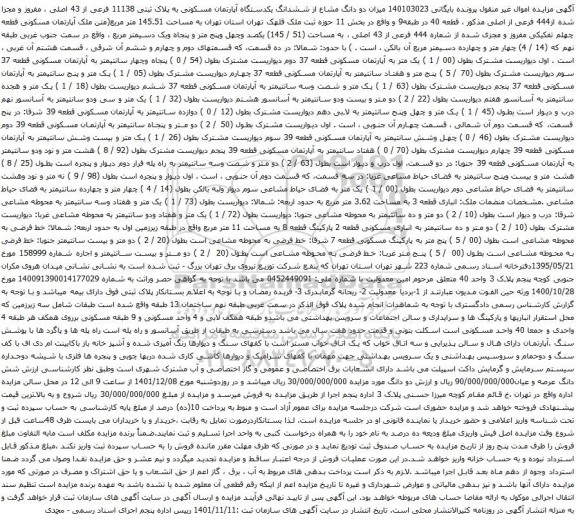آگهی مزایده دو دانگ مشاع از ششدانگ یکدستگاه آپارتمان مسکونی به پلاک ثبتی 11138 فرعی از 43 اصلی