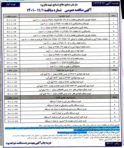 مناقصه عمومی عملیات فورج و ماشینکاری قطعات ...