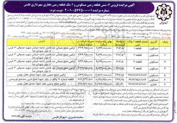 مزایده فروش 6 قطعه زمین مسکونی و یک قطعه زمین تجاری 