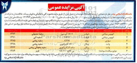 مزایده فروش تعدادی از وسایط نقلیه مازاد
