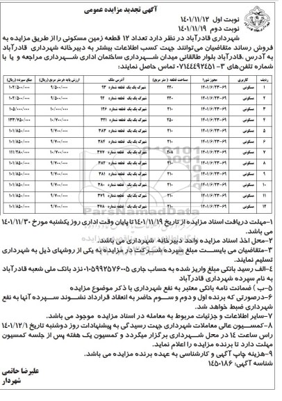 مزایده فروش تعداد 12 قطعه زمین مسکونی