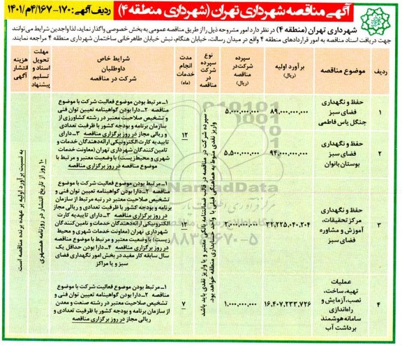 مناقصه حفظ و نگهداری فضای سبز جنگل یاس فاطمی ..