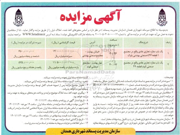مزایده واگذاری املاک 
