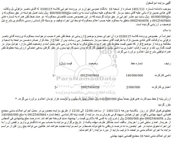 مزایده فروش خط دائمی کارکرده