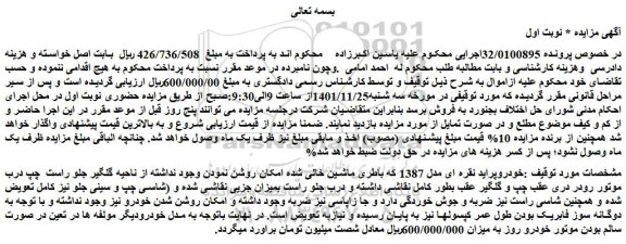 مزایده فروش خودرو پراید نقره ای مدل 1387 