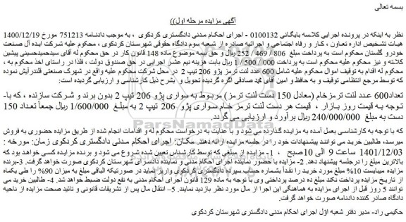 مزایده فروش تعداد600 عدد لنت ترمزخام (معادل 150 دست لنت ترمز) مربوط به سواری پژو 206 تیپ 2