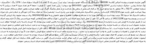 آگهی مزایده ششدانگ یک دستگاه خودرو سیستم : پراید تیپ : سی دی 5 (هاچ بک) کاربری: سواری مدل : 1376 رنگ : خاکستری -نوک مدادی روشن - متالیک