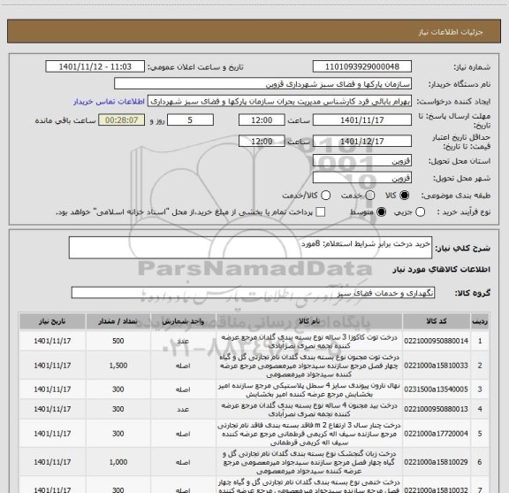 استعلام خرید درخت برابر شرایط استعلام: 8مورد